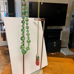Green glass Beaded Necklace and Gold Chain with Pink and  green quartz Pendant